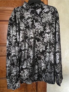 NWT CloudStyle Men’s Button Up Black/Silver Metallic Boho Paisley Shirt Size XXL